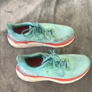 Hoka One One Clifton 8 Blue and White Athletic Shoes with Breathable Mesh